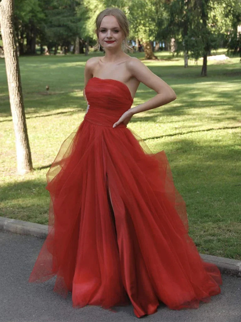 Vestidos formales de mujer sin tirantes de tul rojo vestidos de fiesta largos vestidos de noche formales largos de tul rojo / Tienda de vestidos de fiesta